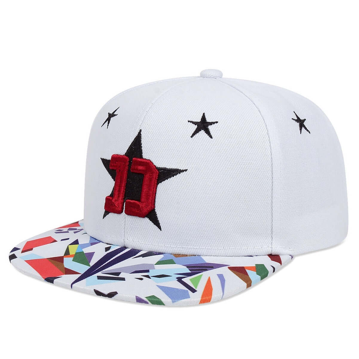 White flat brim cap with colorful geometric design and star embroidery, perfect for style and functionality.