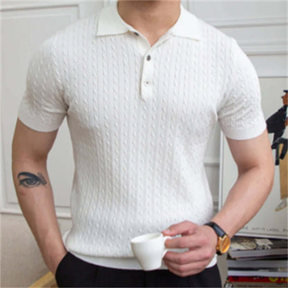 White short-sleeved polo shirt worn by a man, showcasing a relaxed casual style, perfect for warm-weather outings and social events.