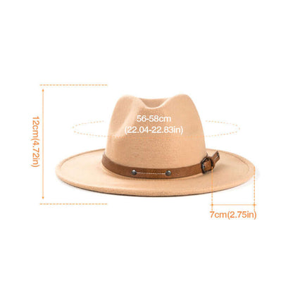 Wide Brim Hat in camel color with measurements; features high-quality woolen material and luxurious satin processing technology.