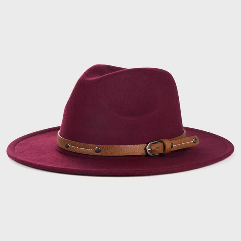 Wine Red Wide Brim Hat with brown leather strap, made from high-quality wool for durability and style.