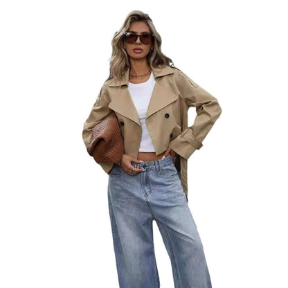 Woman in khaki Ladies Casual Blazer with jeans, showcasing a stylish and versatile look for everyday wear.
