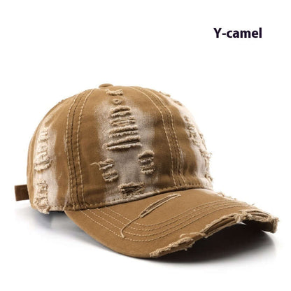 Worn Out Cap in camel color, featuring a stylish distressed design perfect for enhancing casual outfits and offering comfort.