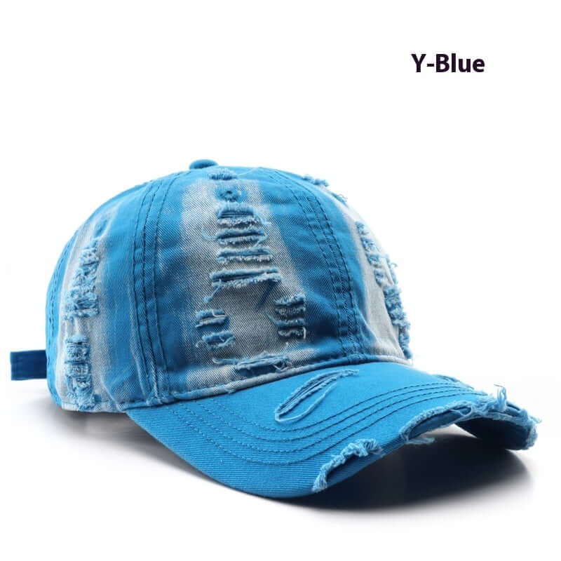 Y-Blue Worn Out Cap with distressed design, perfect for casual style and comfort.