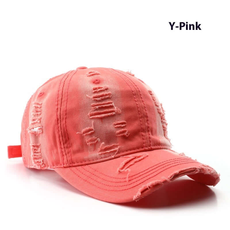 Y-Pink Worn Out Cap showcasing a stylish distressed design, perfect for a trendy look and comfortable wear.