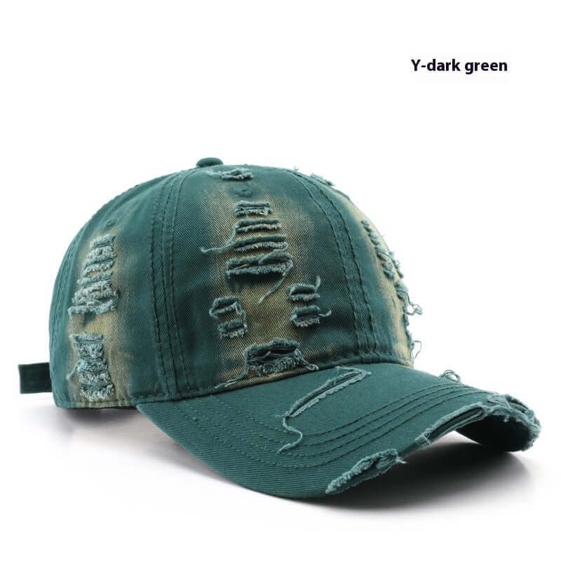 Y-dark green Worn Out Cap with distressed design, perfect for casual style and comfort.
