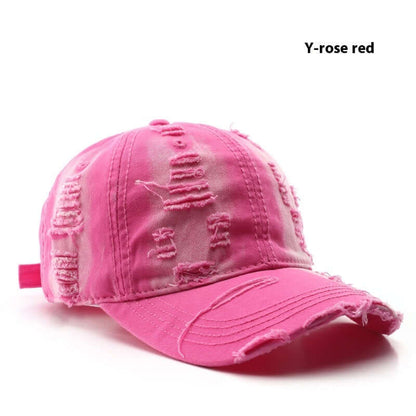 Y-rose red Worn Out Cap, a fashionable distressed cap offering comfort and style for errands, beach days, or park outings.