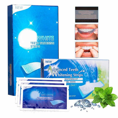 Teeth Whitening Sticks kit with packaging and mint, showcasing improved smile results and product contents.