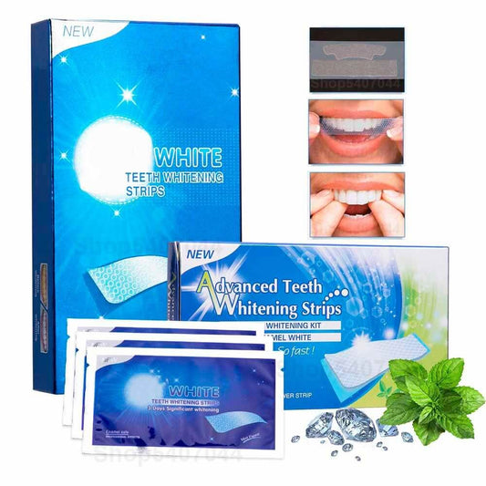 Teeth Whitening Sticks kit with packaging and mint, showcasing improved smile results and product contents.