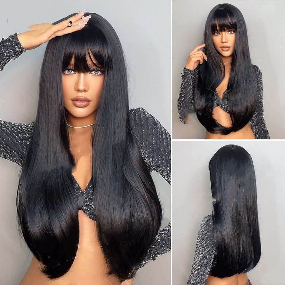 Elegant black straight long wig, luxurious and natural-looking, perfect for versatile styling and any occasion