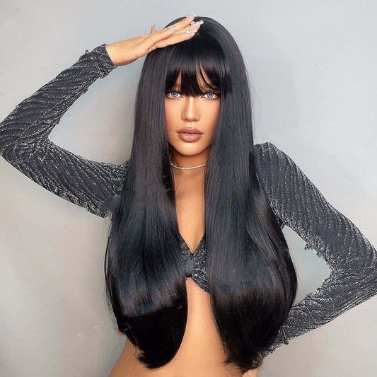 Model wearing elegant black straight long wig, showcasing its natural look and style versatility in high-temperature silk.