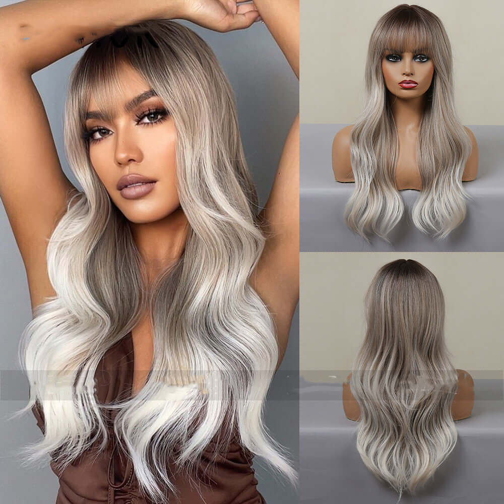 Loose Wavy Wig in gray with high-temperature silk, showcasing natural elegance for women. Stylish and durable hairpiece.