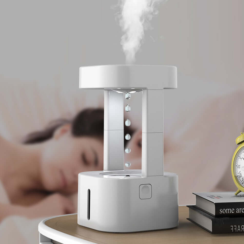 Anti Gravity Water Droplet Humidifier releasing mist in a stylish design, enhancing home ambiance and comfort.