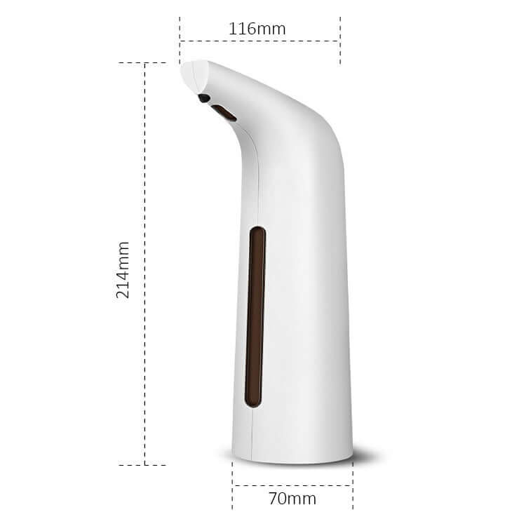 Automatic Liquid Dispenser in sleek white design, measuring 214mm x 116mm x 70mm, ideal for modern hygiene needs.