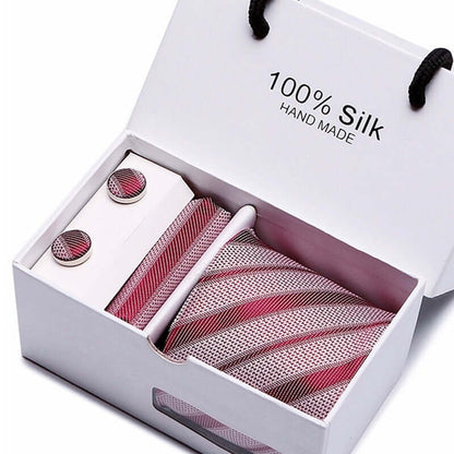 Avant-Garde Tie Set featuring 100% silk handmade tie, pocket square, and cufflinks in elegant box, perfect for fashion-forward men.