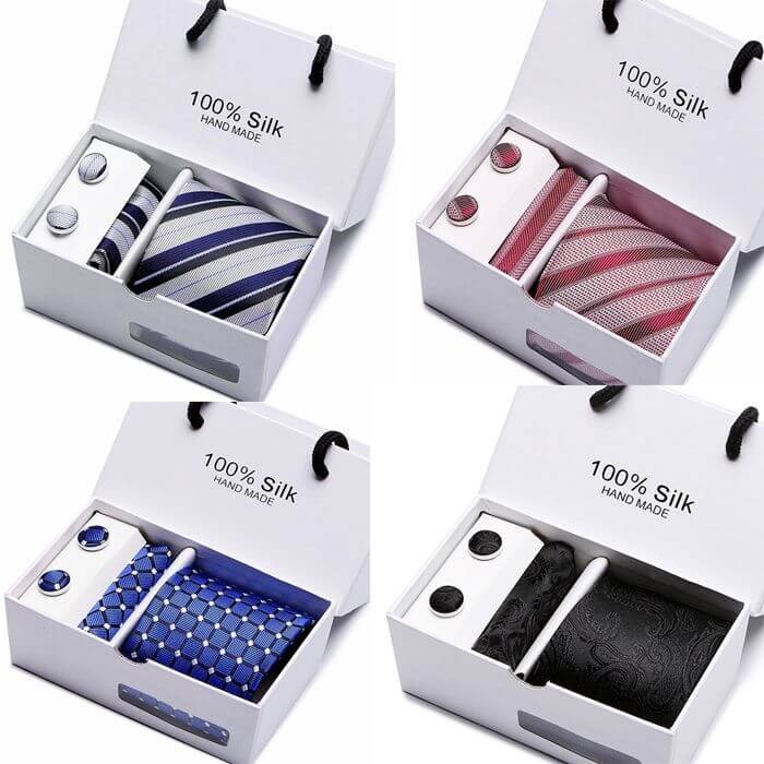 Avant-Garde Tie Set in gift boxes with silk ties, pocket squares, and cufflinks for a stylish statement.