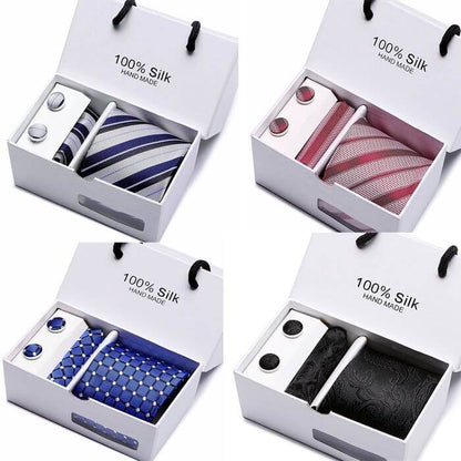 Avant-Garde Tie Set in gift boxes with silk ties, pocket squares, and cufflinks for a stylish statement.