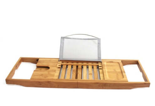 Bamboo Bathtub Caddy Tray with adjustable book holder and compartments for a luxurious bath experience