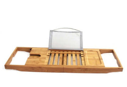 Bamboo Bathtub Caddy Tray with adjustable book holder and compartments for a luxurious bath experience