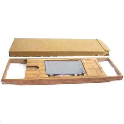 Bamboo Bathtub Caddy Tray displayed with its packaging, ideal for luxury bath experiences.