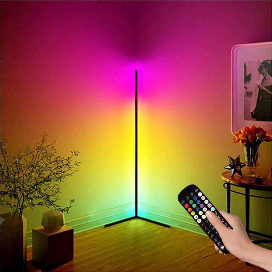 Bedroom Symphony Floor Lamp illuminating a room with colorful lights, controlled by a remote for modern ambiance.