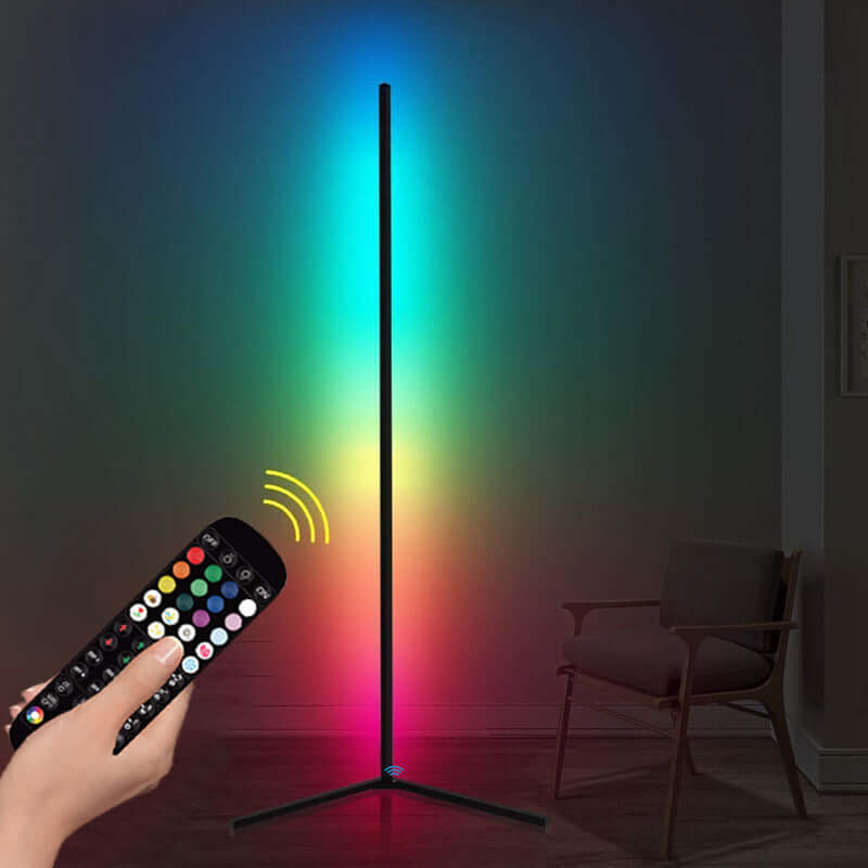 Color-changing Bedroom Symphony Floor Lamp with a remote control, enhancing room ambiance with modern lighting design.