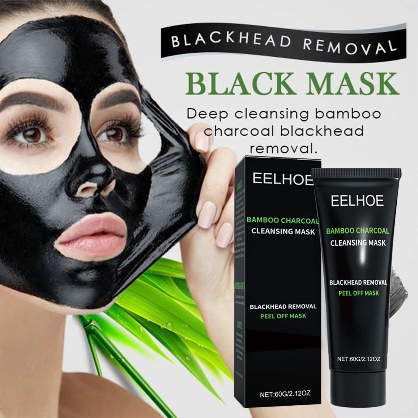 Woman applying bamboo charcoal blackhead removal face mask with product packaging displayed.