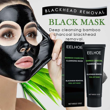 Woman applying bamboo charcoal blackhead removal face mask with product packaging displayed.