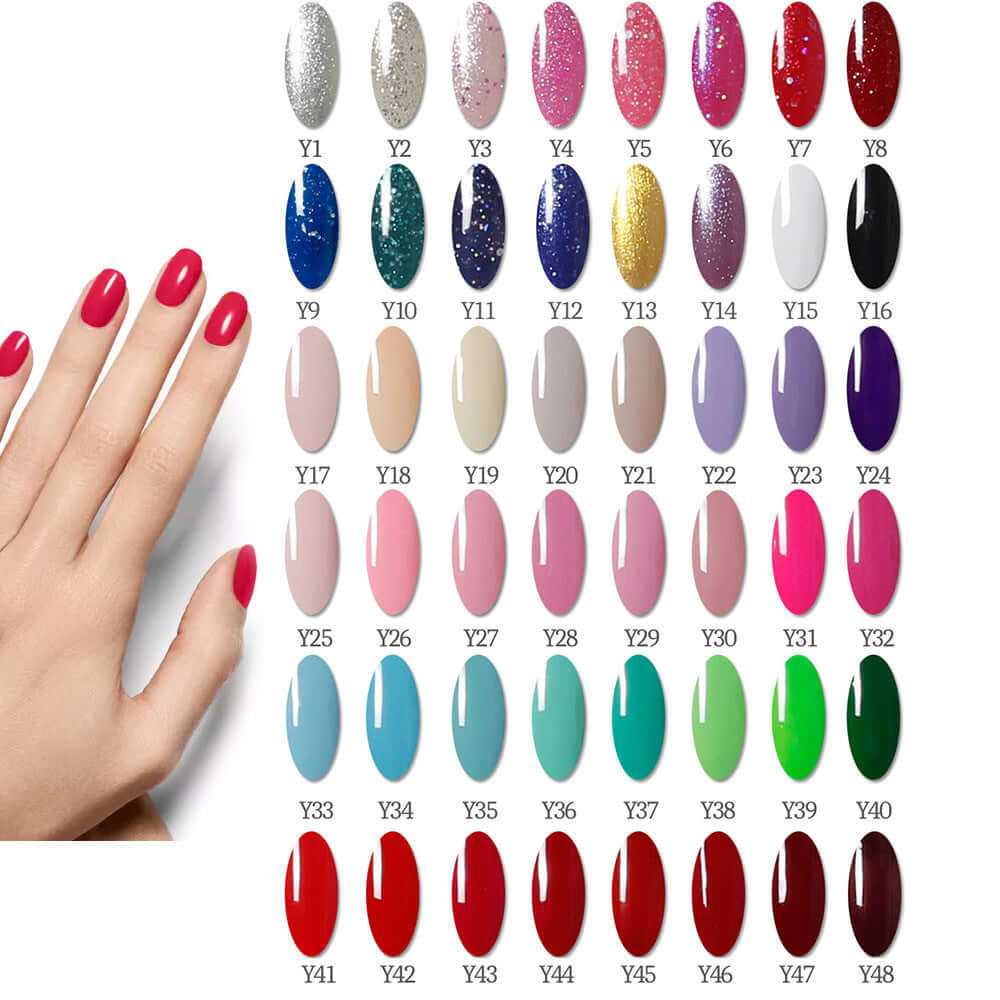 Nail polish color palette with hand featuring vibrant red manicure, showcasing a variety of elegant and stylish shades.