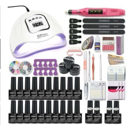 Complete manicure set with a UV lamp, nail polishes, files, and tools, ideal for women seeking salon-quality nail care at home.