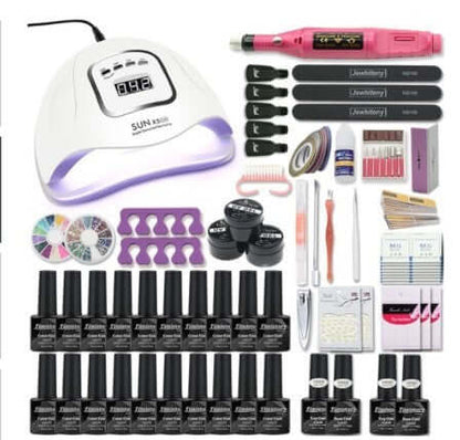 Complete manicure set with a UV lamp, nail polishes, files, and tools, ideal for women seeking salon-quality nail care at home.