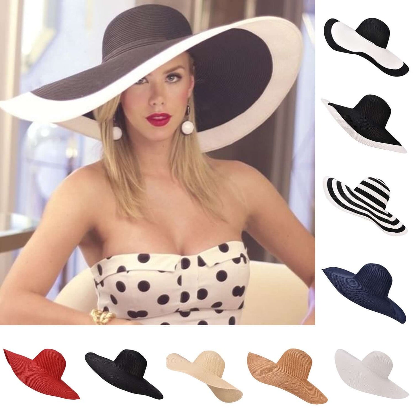 Stylish model wearing a big straw hat, showcasing various color options for sun protection and trendy beach wear.