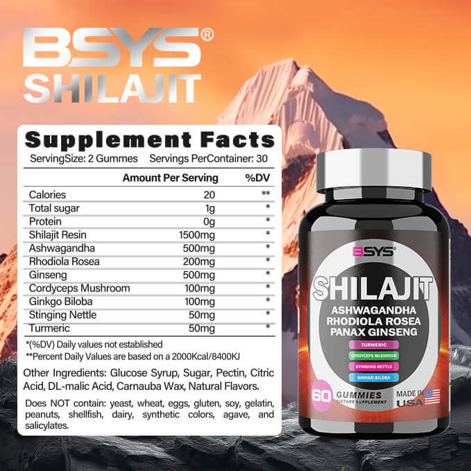 Supplement facts for BSYS Shilajit Ashwagandha Gummies, highlighting ingredients and nutritional information.