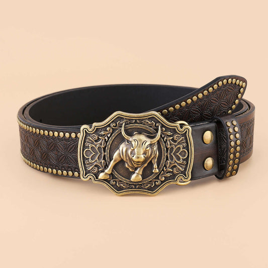Bull Belt featuring a unique bull design buckle and vintage-style detailing, perfect for bold fashion statements.