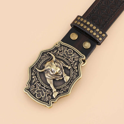 Bull Belt featuring a unique bull-shaped buckle with detailed engravings and studded accents.