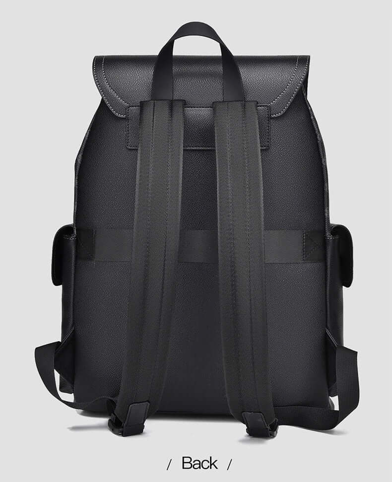 Rear view of black Business Travel Backpack showing straps and durable construction.