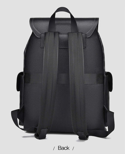 Rear view of black Business Travel Backpack showing straps and durable construction.