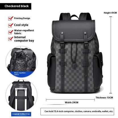 Checkered black business travel backpack with cool style, water-repellent fabric, and internal computer bay, 41x29x13cm dimensions.