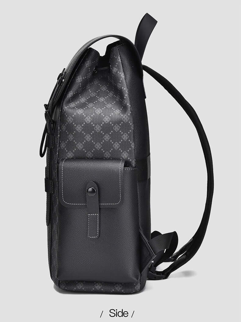 Side view of a sleek black business travel backpack with durable PVC material and practical design for work and leisure travel.