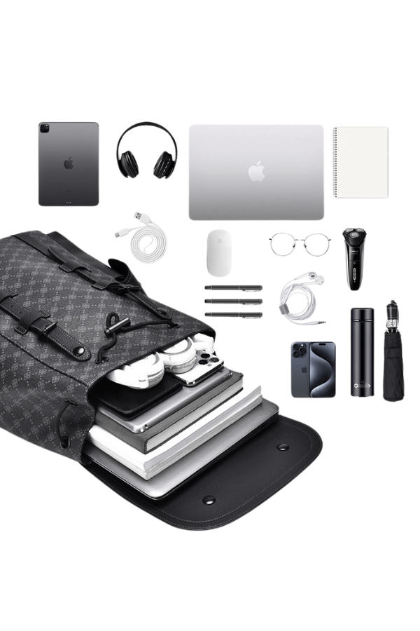 Business Travel Backpack with essentials like laptop, tablet, headphones, and books, crafted for work and leisure travel.