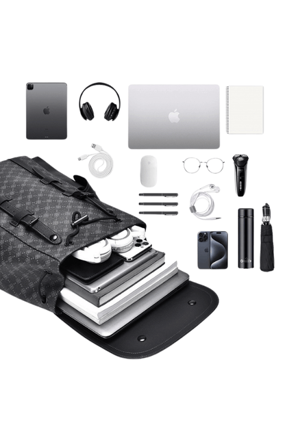 Business Travel Backpack with essentials like laptop, tablet, headphones, and books, crafted for work and leisure travel.