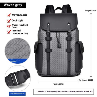 Woven grey business travel backpack with water-repellent fabric, adjustable straps, and internal computer bay, 15.6-inch capacity.