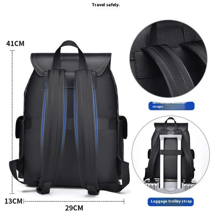 Business Travel Backpack with ergonomic straps and luggage trolley strap, showing dimensions of 41cm x 29cm x 13cm.