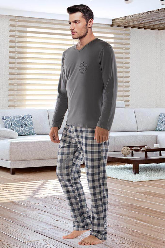Casual male pajama set featuring a long-sleeve dark gray top and plaid trousers, perfect for comfortable lounging.