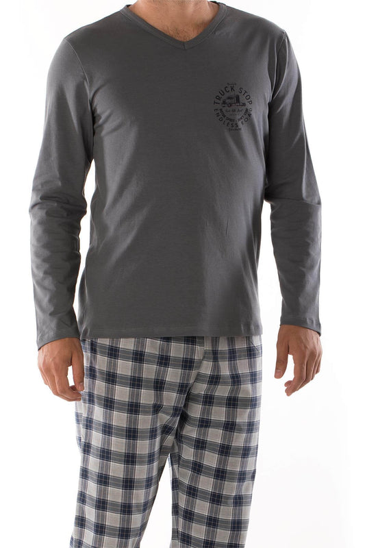 Casual male pajama set featuring dark gray long sleeve top and plaid trousers, ideal for comfort and style.