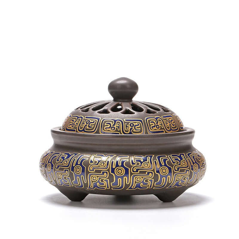 Ceramic Incense Burner featuring intricate gold patterns, perfect for enhancing tranquility in any home decor.