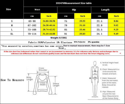 Size chart for clothing with waist, hip, and length measurements in both cm and inches, including fabric details and measurement guide.