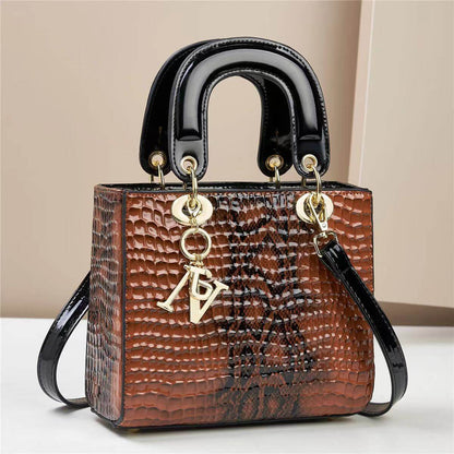 Stylish brown and black handbag with textured pattern and gold accents on a light background.