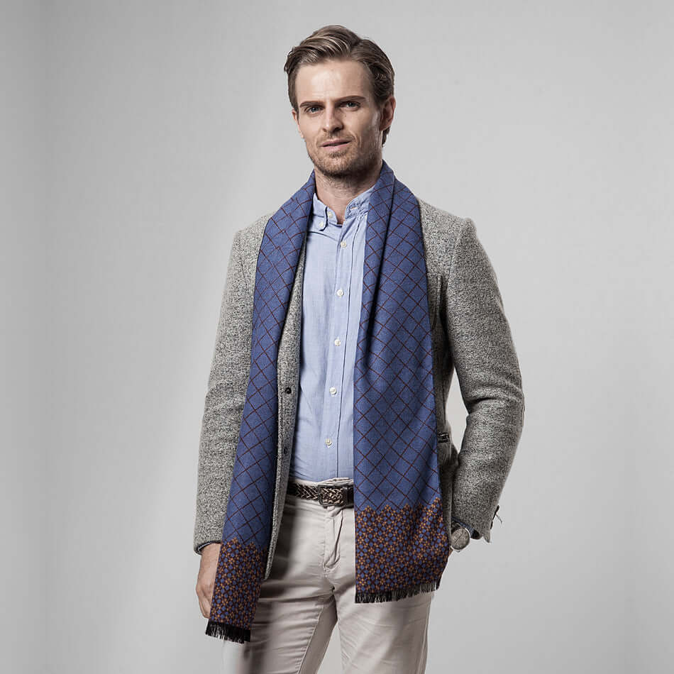 Man wearing Classic Plaid Warm Scarf, stylish cold weather accessory; gray jacket, blue shirt