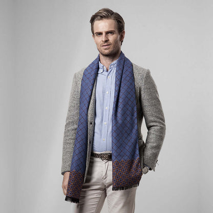 Man wearing Classic Plaid Warm Scarf, stylish cold weather accessory; gray jacket, blue shirt