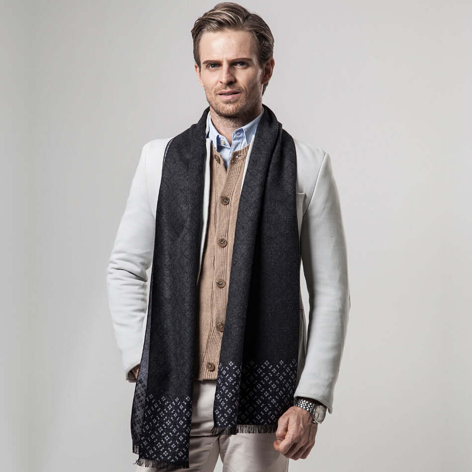Man wearing Classic Plaid Warm Scarf, styled for winter fashion in a beige jacket and sweater, showcasing cozy and stylish winter accessories.
